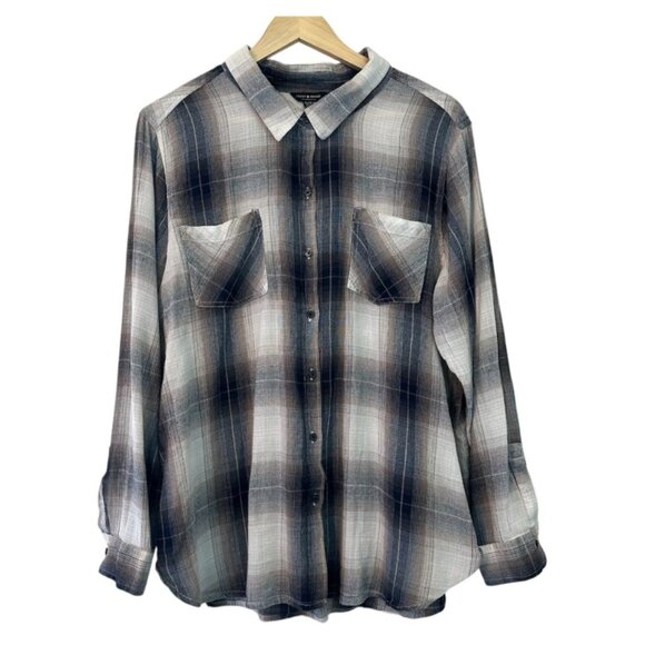 Lucky Brand Tops - Lucky Brand Women's XL Navy Blue Brown Plaid Light-Weight Boyfriend Button-up
